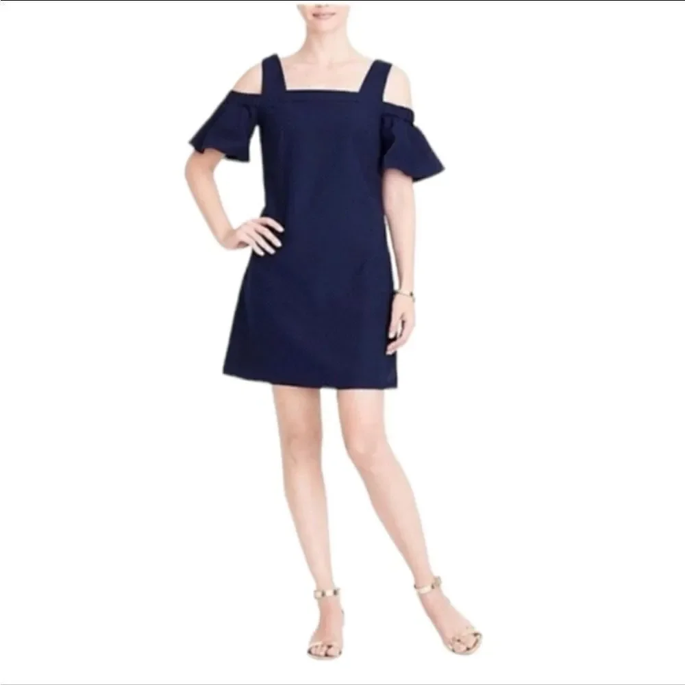 NEW‎ J CREW dress navy blue cold shoulder basket weave shift M